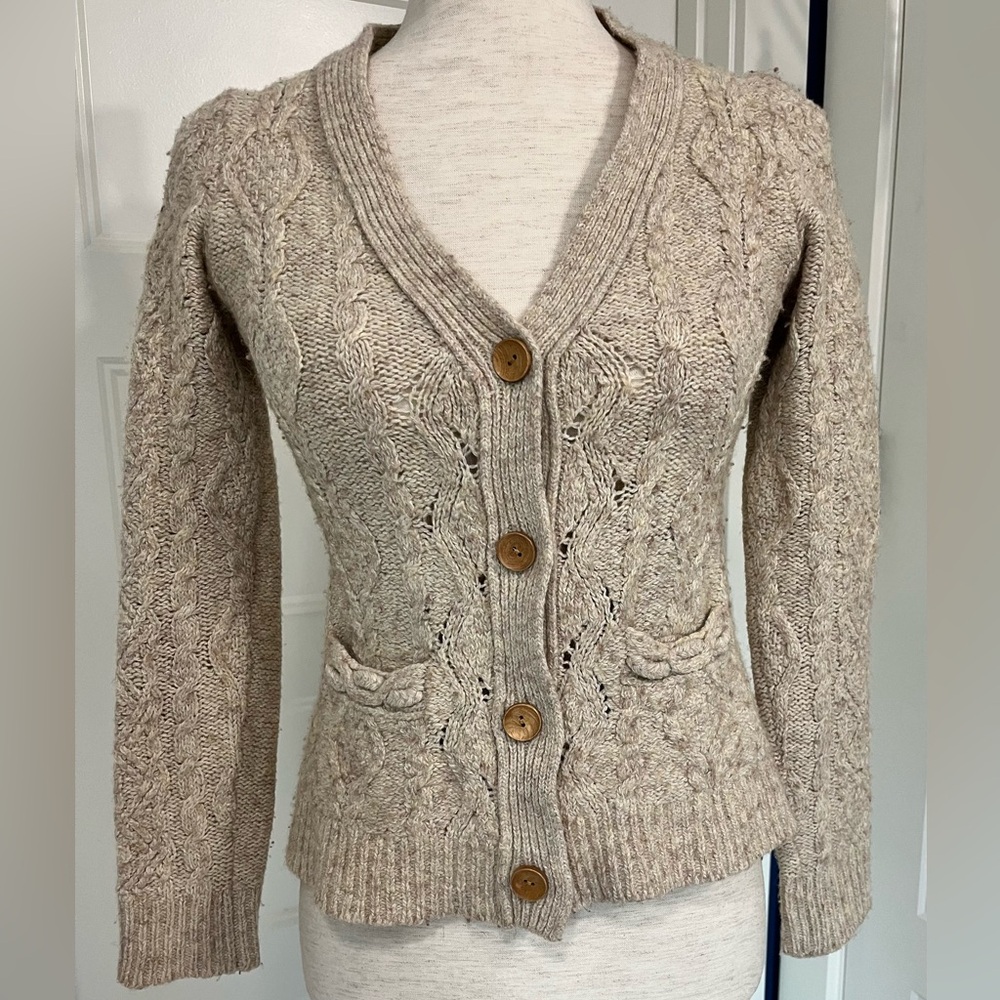 Anthropologie Beige Button-Up Wool Cardigan